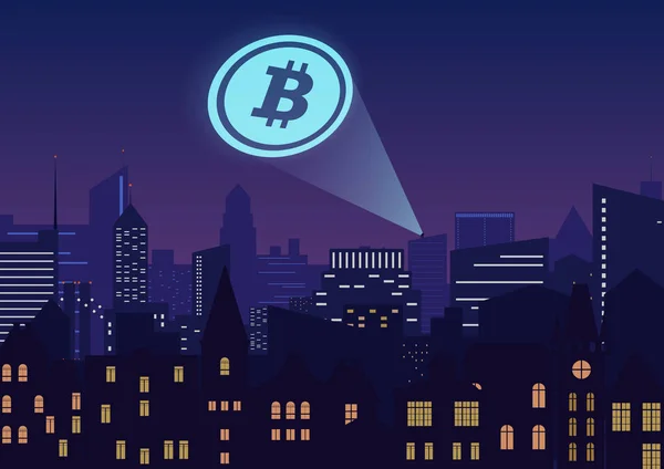 밤에 도시에 bitcoin cryptocurrency 프로젝터의 벡터 일러스트 레이 션. — 스톡 벡터