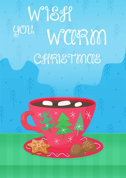 Ilustração vetorial do cartão de felicitações de Natal com xícara de cacau e doces . — Vetor de Stock
