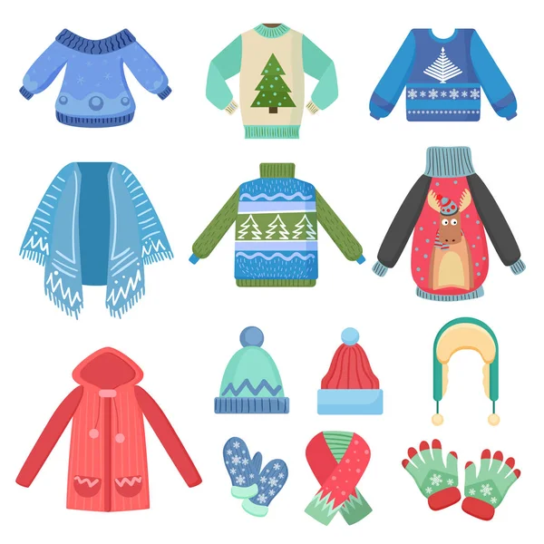 Verzameling van Kerstmis ontwerp warme winter kleding. Sjaal, winter hoed, jas en hoeden, jas en handschoenen. Winter mode vectorillustratie. — Stockvector