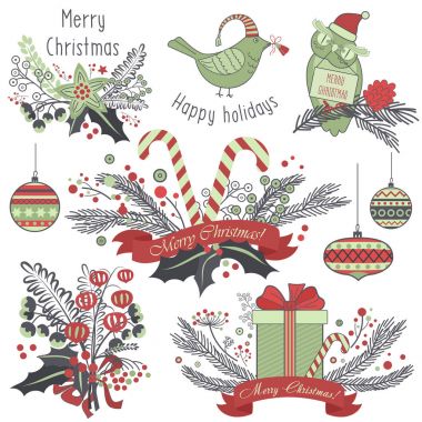 Noel dekorasyon kümesi hediyeler, hayvan oyuncakları, tatlılar ve Amblemler.