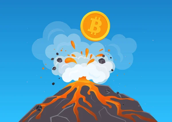 Vektorové ilustrace bitcoin kryptoměn křeče z sopka s lávou. Bitcoun rychle roste. — Stockový vektor
