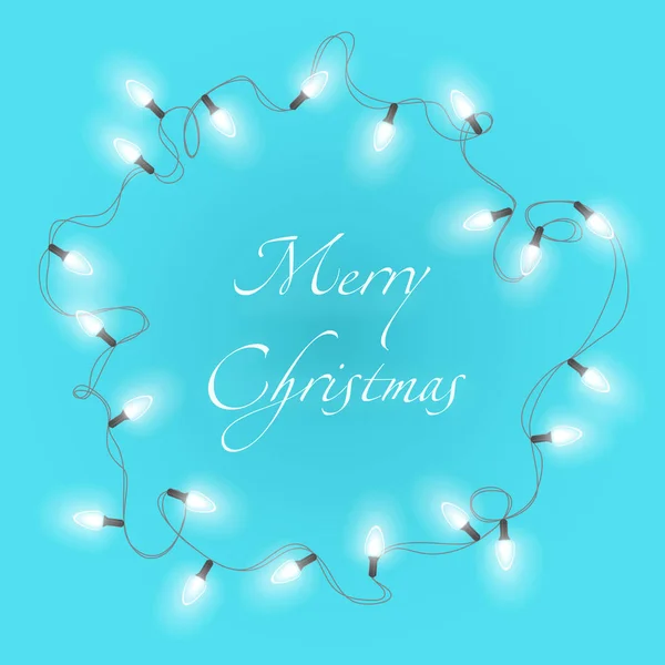 Kerst vector achtergrond met fel realistische krans slingers. Gloeiende lichten van Kerstmis. Merry Christmas belettering label. — Stockvector
