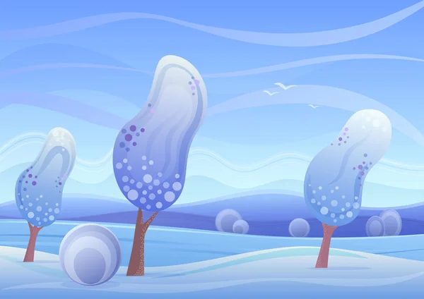 Ilustração vetorial de desenhos animados paisagem mágica de inverno com árvores e colinas. Jogo design natureza . —  Vetores de Stock
