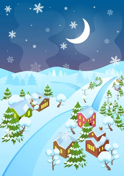 Vector illustration of cartoon winter village and road at night. Top perspective view. Christmas eve town at night. — Stock Vector