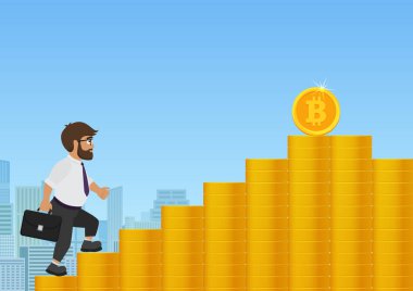 Bitcoin cryptocurrency için altın sikke merdivenlerde yürürken iş adamı. Karikatür kavramı vektör çizim.
