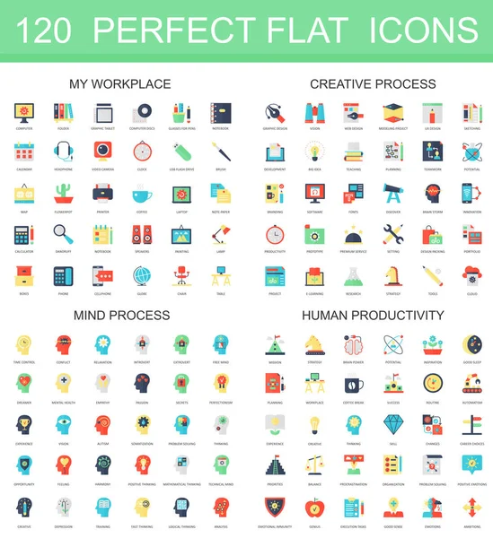 120 modern flat icon set of workplace, creative process, mind process, human productivity icons. — Stock Vector