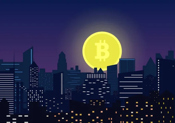 Векторний місяць bitcoin символ підйому з сучасної нічного міста. — стоковий вектор
