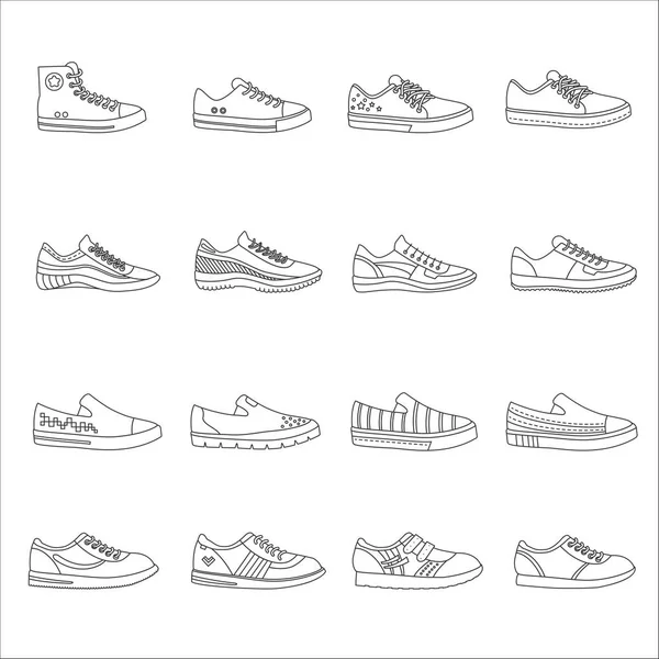 Zapatillas zapatos contorno línea trazo iconos conjunto . — Vector de stock