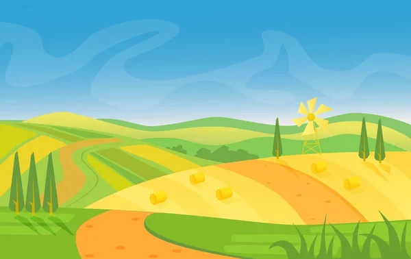 Rural beautiful landscape. Fields and hills at dawn vector illustration. — Stock Vector