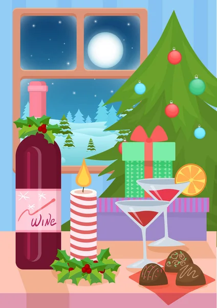 Illustration vectorielle de table servie pour Noël et sapin à la maison. Dîner de couple Noël . — Image vectorielle