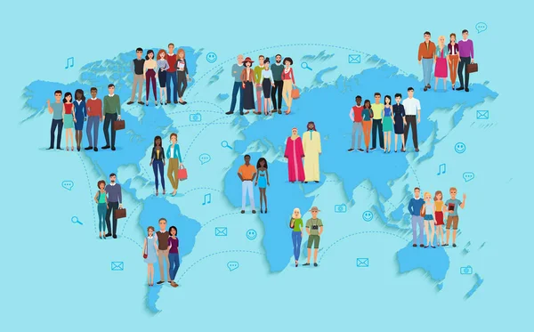 Illustrazione vettoriale della mappa del mondo sociale e demografico su sfondo blu. Persone multi etiche in gruppi . — Vettoriale Stock