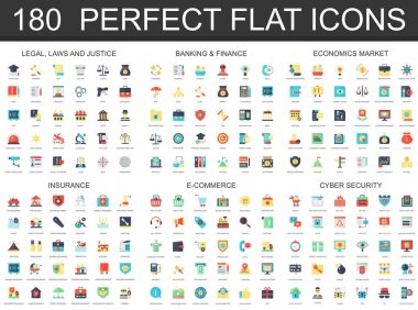180 modern düz Icon set yasal Hukuk Adalet, Bankacılık Finans, ekonomi piyasa, sigorta, e ticaret, siber güvenlik simgeleri.