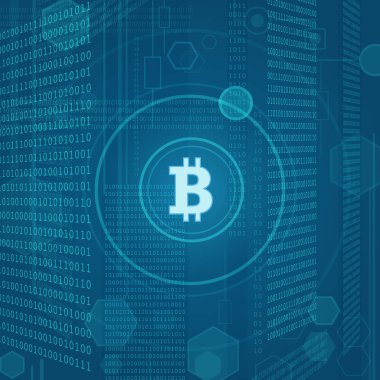 Mavi dijital arka plan üzerinde bitcoin amblemi vektör Modern kavram çizim.