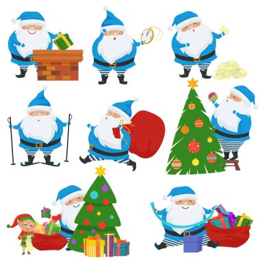 Vektör Noel Noel Baba, mavi ceket ayarlayın. Farklı duygular ve pozlar ile sevimli çizgi karakter kümesi.
