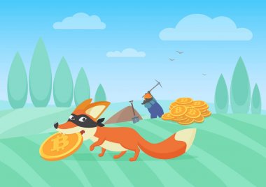 Kurnaz tilki hırsız bitcoin çalışkan madenci dan çalmak vektör Illustration. Bithoin para hırsızlığı.