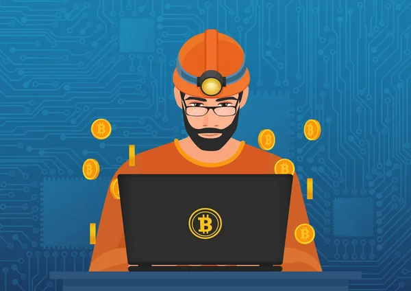 Векторні ілюстрації шахтаря молодий чоловік у hardhat, сидячи на ноутбук і cryptocurrency bitcoin видобутку. — стоковий вектор