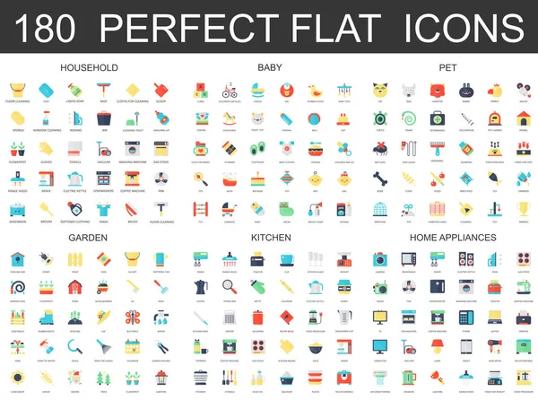 180 moderne platte iconen set huishouden, baby, huisdier, Tuin, keuken, huishoudelijke apparaten pictogrammen. — Stockvector