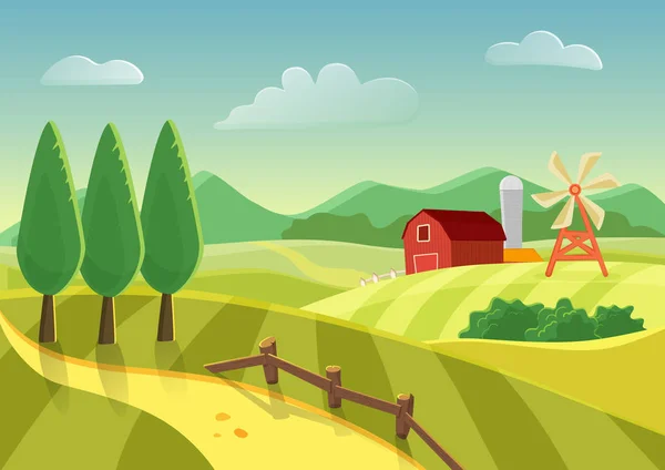 Cartoon Vektor Farm Landschaft Feld mit Landwirten Gebäude, große Feldwirtschaft gestreift. Flache Bauernlandschaft. — Stockvektor