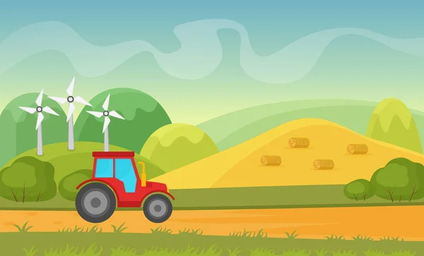 Agriculture and Farming agribusiness. Summer autumn rural cartoon vector landscape with wind power plant and tractor. — Stock Vector