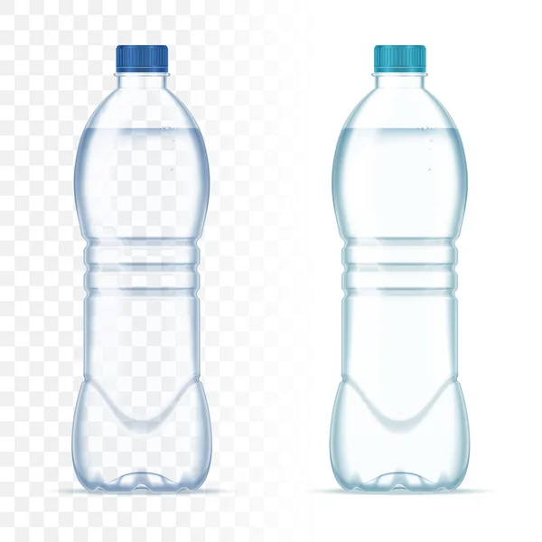 Botellas de plástico de vectores realistas con agua y tapa azul sobre fondo transparente. maqueta realista botella . — Vector de stock