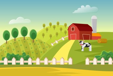 Çizgi film vektör çiftlik peyzaj alanı çiftçiler binalar ve inek. Çiftlik düz yatay.