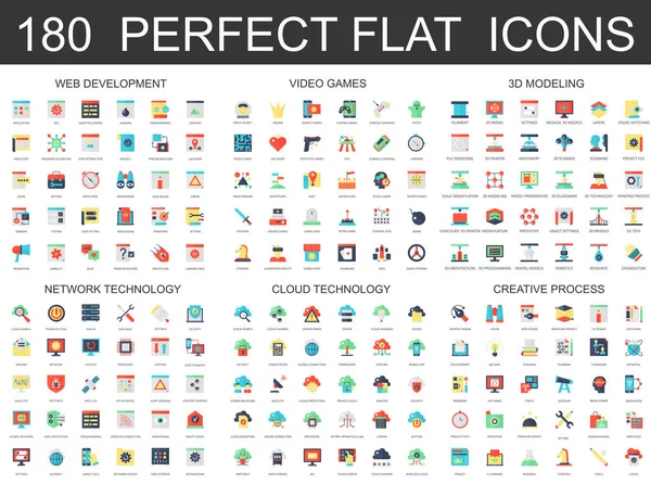 180 moderna platt ikoner uppsättning webbutveckling, TV-spel, 3d-modellering, nätverket cloud-teknik, kreativa processen ikoner. — Stock vektor