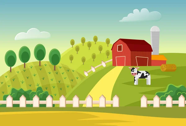 Cartoon vector farm landscape field with farmers buildings and cow. Farm flat landscape. — Stock Vector