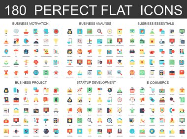 180 modern düz simgeler ayarla iş analizi ve motivasyon, temel, başlangıç geliştirme, e ticaret ve Finans proje simgeleri.