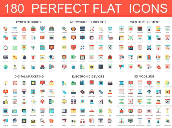 180 modern düz simgeler kümesi siber güvenlik, ağ teknolojisi, web geliştirme, dijital pazarlama, elektronik cihazlar, 3d modelleme simgeler.