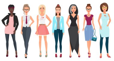 Moda giysileri güzel şirin genç kadınlar. Kızlar kadın karakterleri ayrıntılı. Düz stil vektör çizim.