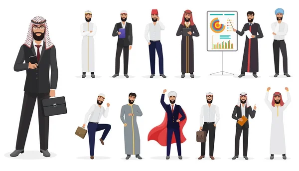ベクトル漫画アラブのイスラム教徒の実業家の男性キャラクターが別の位置に立っているを設定. — ストックベクタ