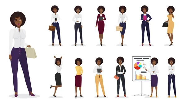 Vector Cartoon afro-americana empresária feminina em diferentes posições. Conjunto de personagens de mulher . —  Vetores de Stock