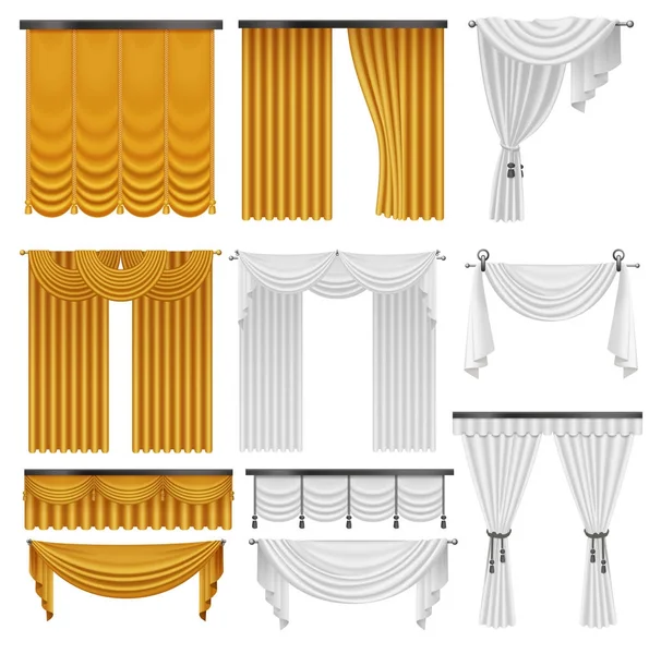 Zlaté a bílé sametové záclony a závěsy sada hedvábí. Realistické luxusním interiéru záclony dekorace design. — Stockový vektor
