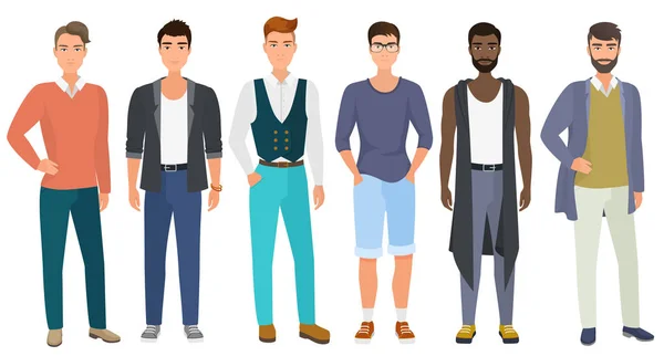 Elegantes hombres guapos vestidos con ropa moderna de estilo casual masculino, ilustración vectorial. Dibujos animados ilustración vector plano . — Archivo Imágenes Vectoriales