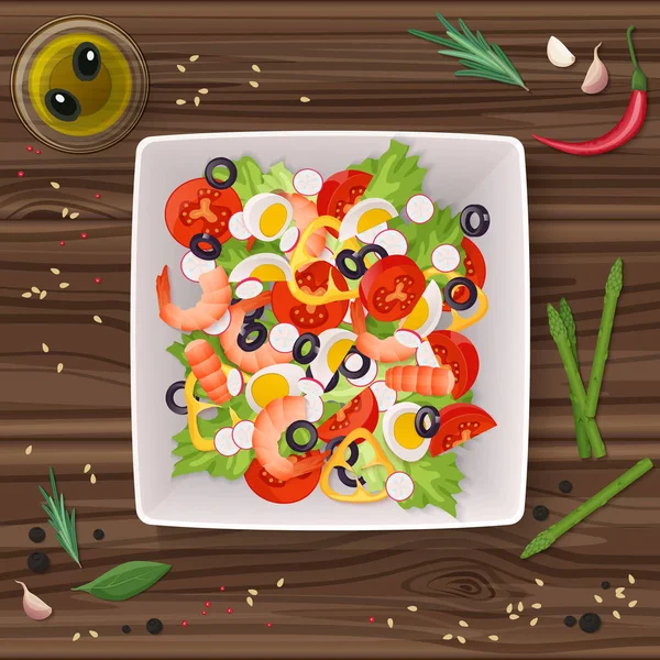 Vector Plat de salade de légumes frais et de feuilles vertes sur la table en bois. Vue du dessus . — Image vectorielle