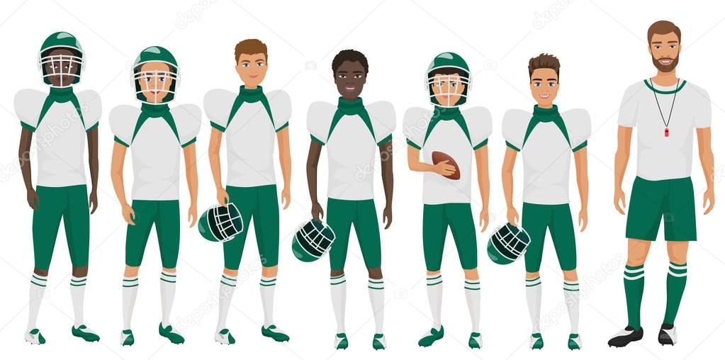 Vector Cartoon flat school basketball team guys standing with their coach
