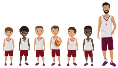 Vektör karikatür düz okul erkek basketbol takımı ayakta onların koçu eğitmen ile çocuklar.