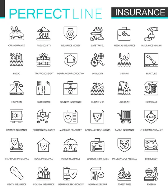 Set met pictogrammen voor verzekering dunne lijn websites. Auto, huis, gezondheid, levensverzekeringen overzicht beroerte iconen ontwerp. — Stockvector