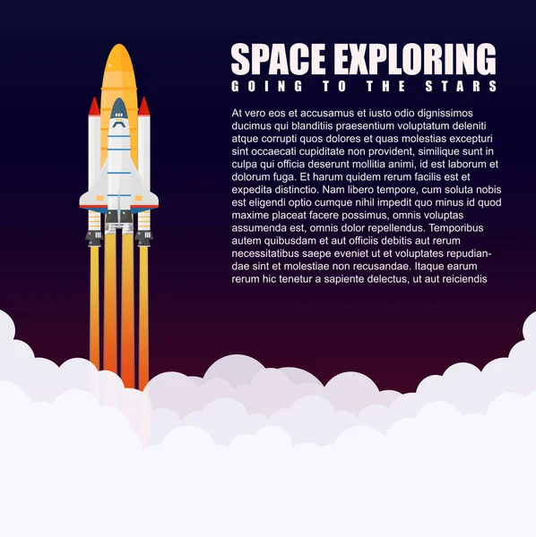 Moderno vettore galassia spaziale lancio astronave. Volare con un'astronave nello spazio . — Vettoriale Stock