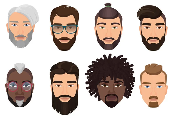 Erkek çocuklar avatarlar farklı saç, sakal ve bıyık izole renkli karikatür hipsters sakallı. — Stok Vektör