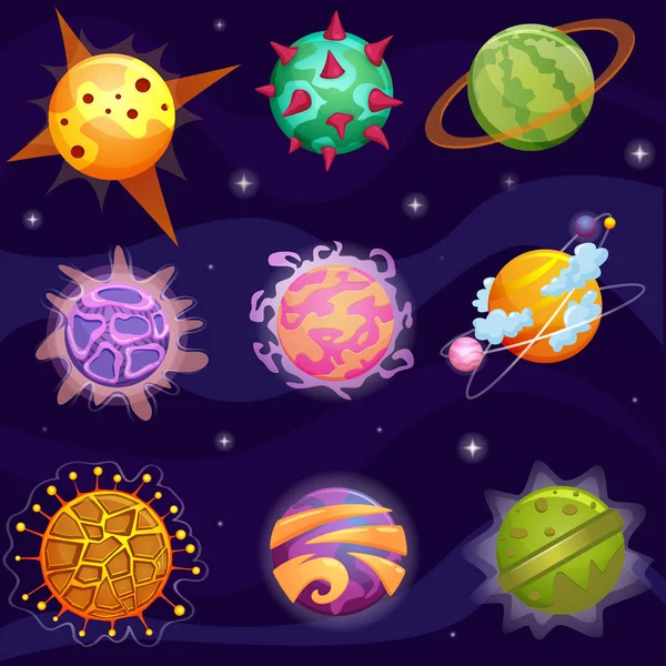 Vector söta tecknade fantasy fantastiska planeter inställd på galaxy stjärnor bakgrund. — Stock vektor