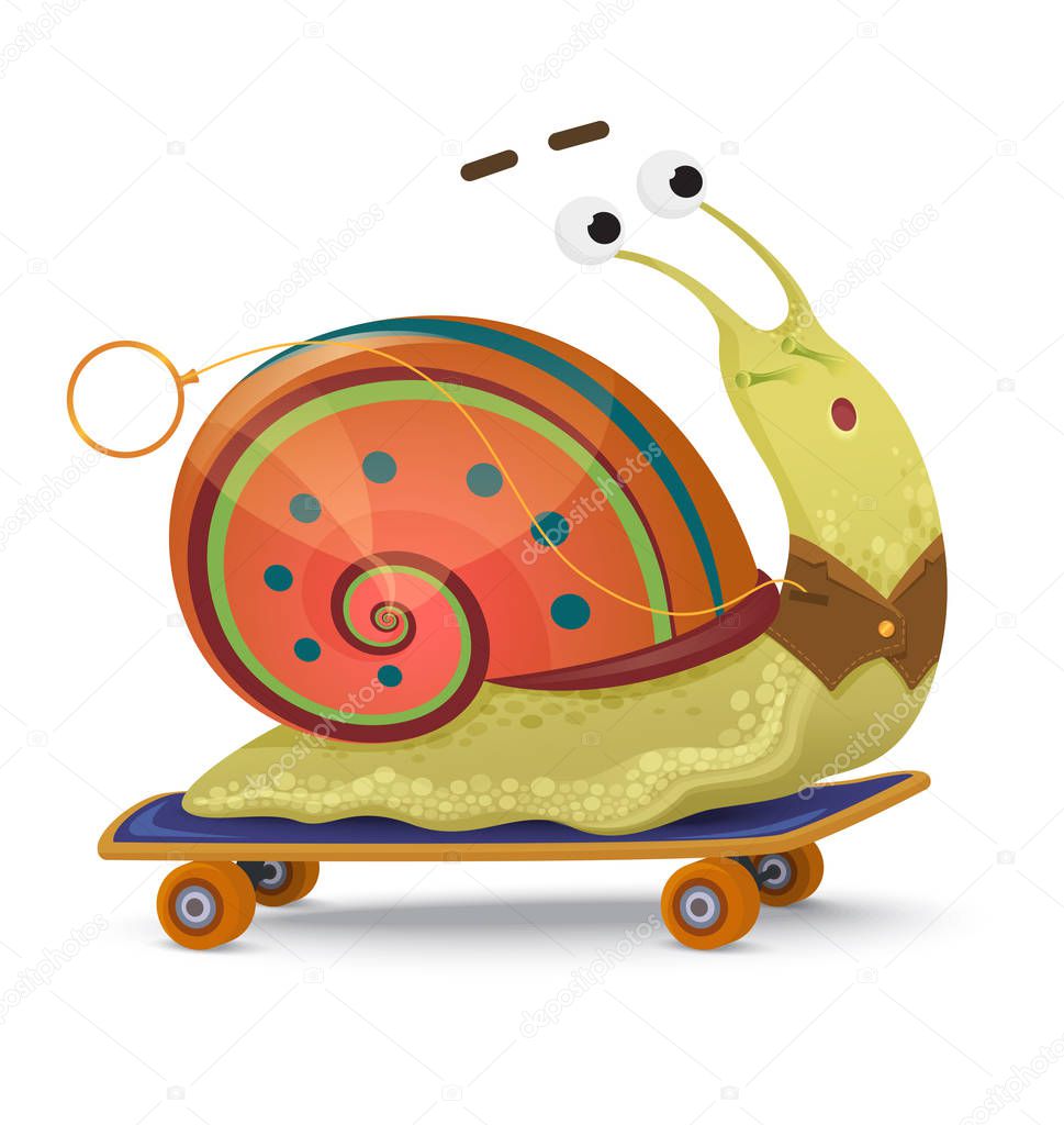 Fast snail. Cute cartoon snail on a skateboard isolated