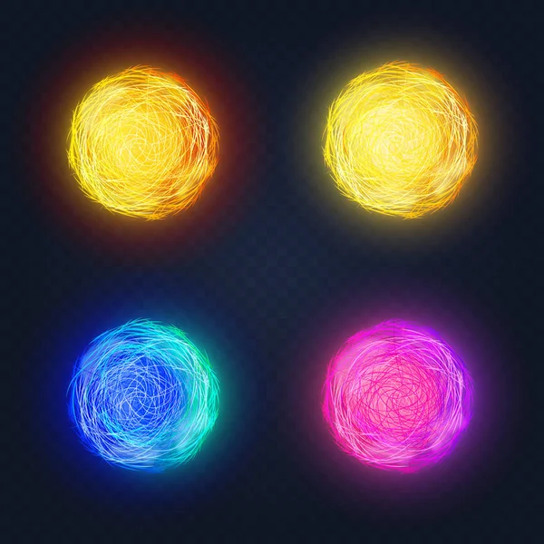 Ilustração vetorial de diferentes formas coloridas luminosas abstratas que brilham círculos no fundo escuro . —  Vetores de Stock