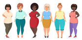 Vektor Cartoon glücklich und lächelnd plus Size-Frauen. kurvige, übergewichtige Mädchen in lässiger Kleidung.