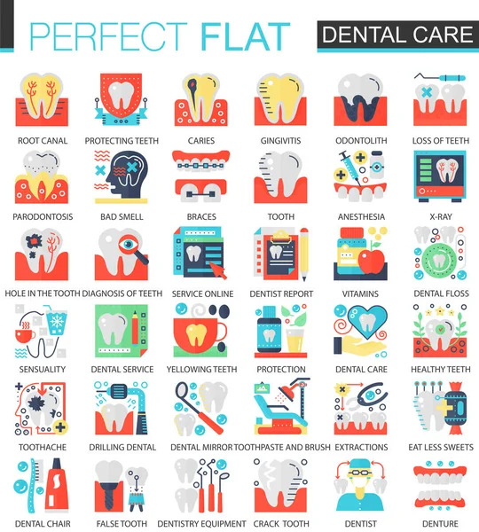 Símbolos de conceito de ícone plano complexo vetorial de cuidados dentários para web design infográfico . — Vetor de Stock