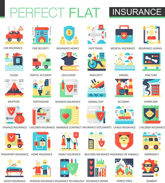 Gezondheid, auto, huis verzekering vector complexe platte pictogram concept symbolen voor infographic webdesign. — Stockvector