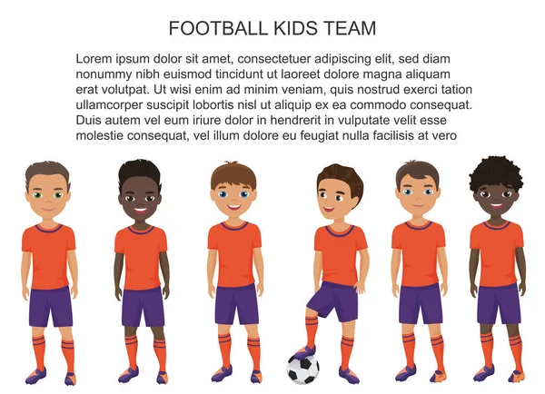 Vektor egységes elszigetelt rajzfilm gyerekek iskolai labdarúgó labdarúgó-válogatott. — Stock Vector