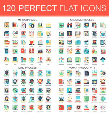 120 benim işyeri, yaratıcı süreç, zihin süreç, insan verimlilik karmaşık düz simgeler kavramı sembolleri vektör. Web Infographic simgesi tasarım.