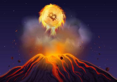 Bitcoin yangında yanardağ dışında geceleri uçan vektör Illustration. Bitcoin yanardağ patlama.