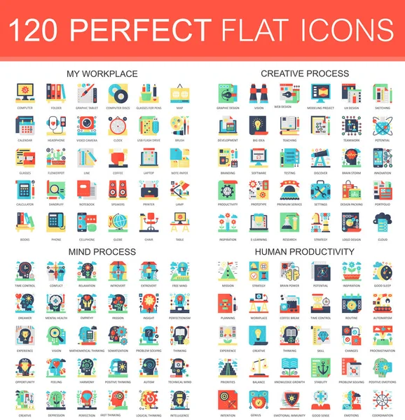 120 vector complex flat icons concept symbols of my workplace, creative process, mind process, human productivity. Web infographic icon design. — Stock Vector